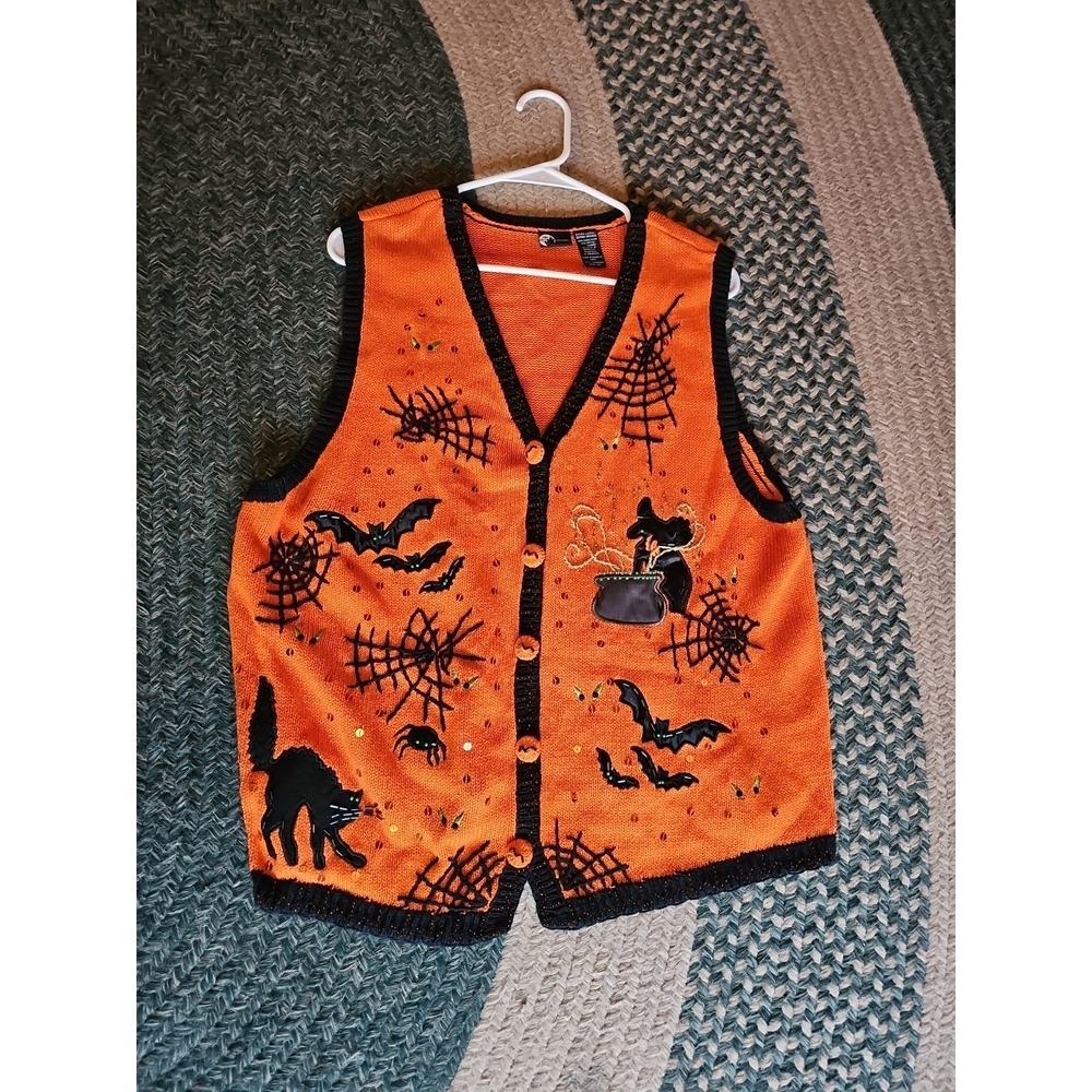 VTG 90s Halloween Embroidered Sweater Cardigan Vest Embellished Witch Cat Web